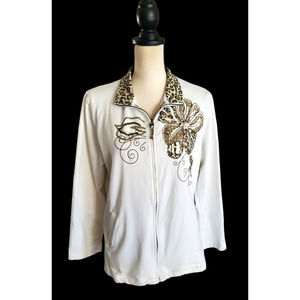 JM Collection Ivory Cotton Stretch Knit Animal Print Trim Full Zip Jacket XL